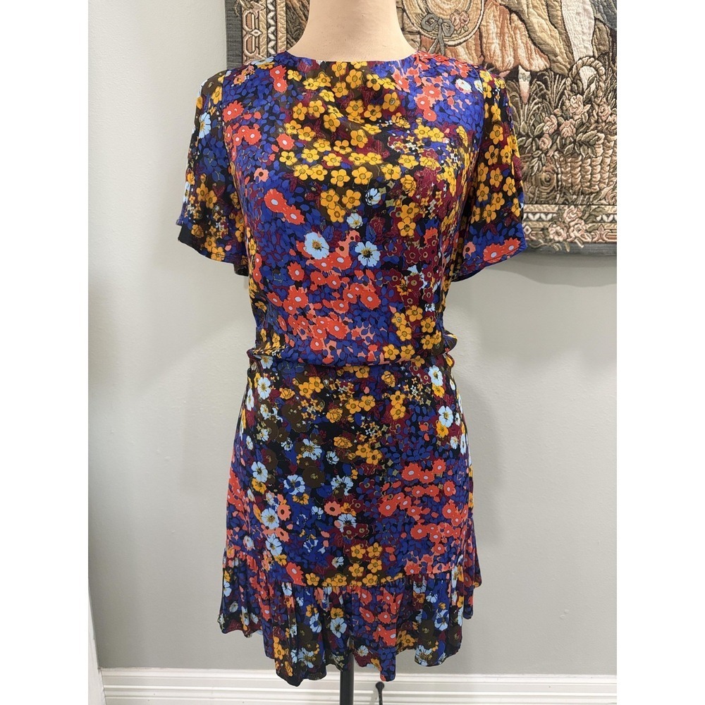 Anthropologie Dress Womens 0 Floral Short Sleeve Open Back Ruffle Fit Flare Mini